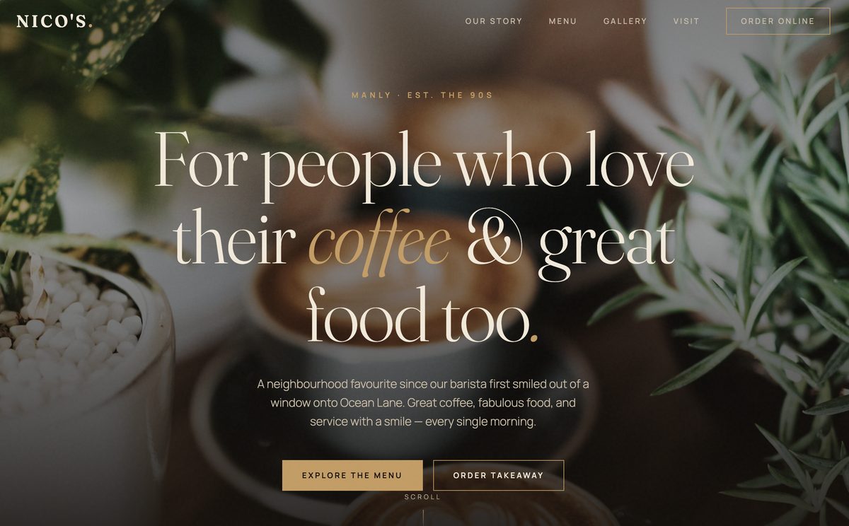 Nico's Beach Cafe website — homepage screenshot