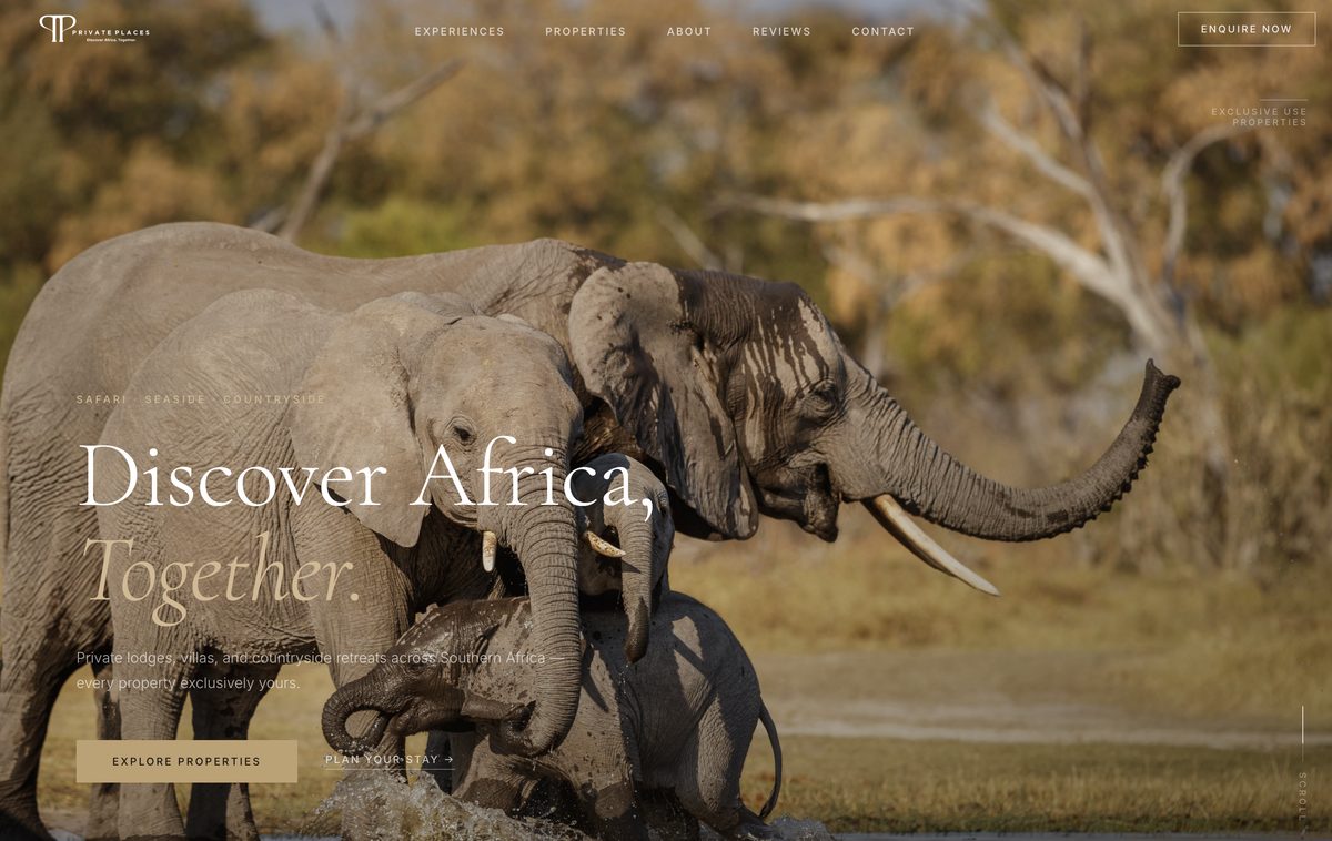 Private Places Safaris website — homepage screenshot