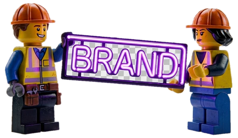 Two Lego workers holding a neon BRAND sign