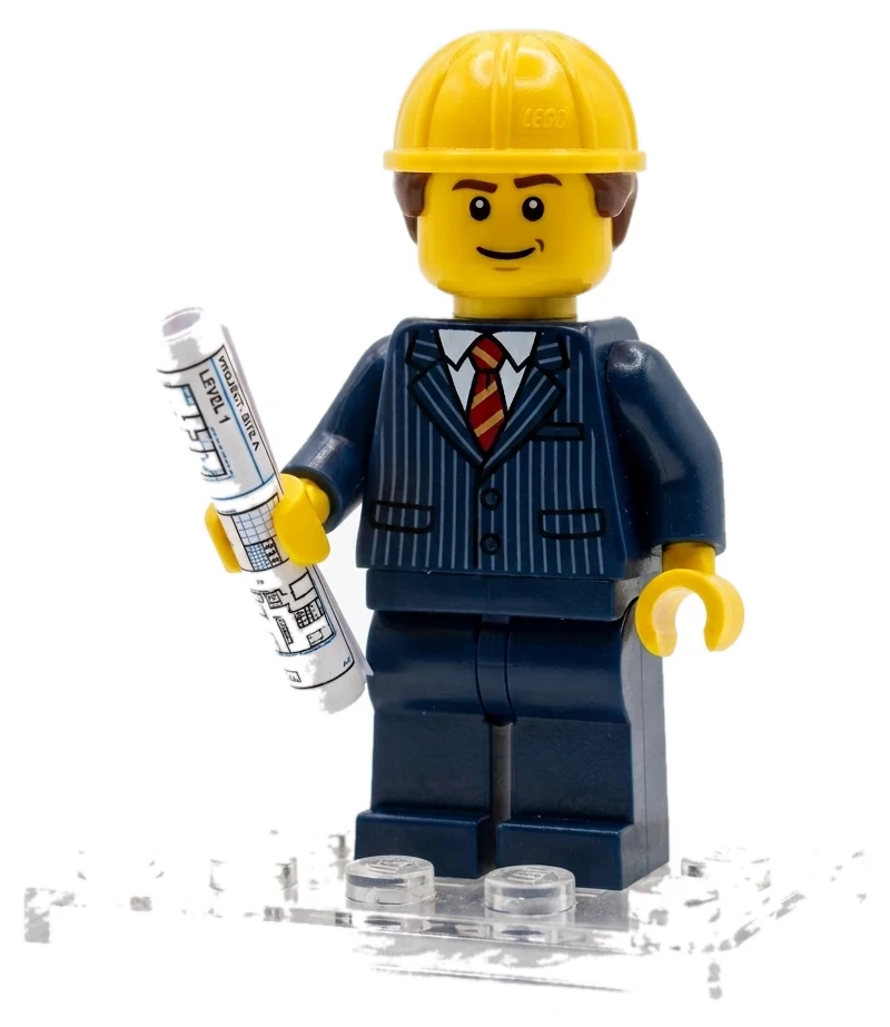 Lego site manager holding a rolled blueprint